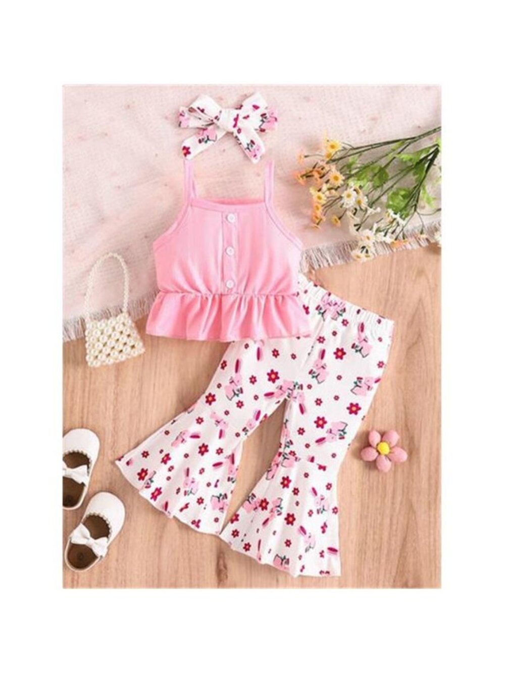 Children's Ruffle Hem Tank Top with Flare Pants and Headband Set